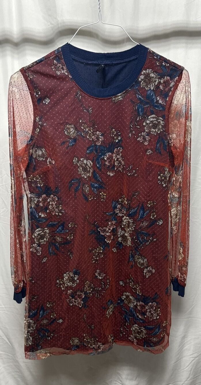 Be Bop Juniors Red Navy Overlay Mesh Dress Sheath Size XXS Long Sleeve Mini NEW